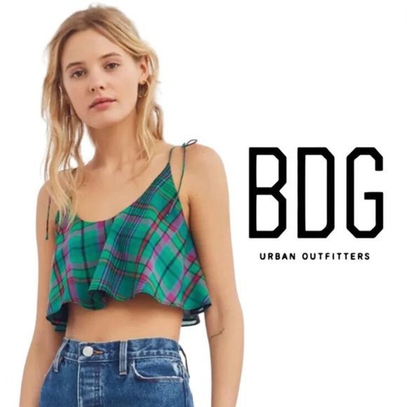 BDG Tops - Bdg Cutie Cropped Green Plaid Cami Tank Top Tie Straps - Size Medium